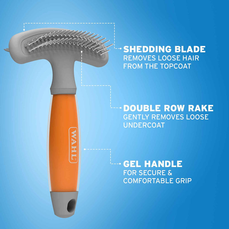 Wahl Double Row Rake and Shedding Blade, Pet Brush for Dogs and Cats, 2 in 1 Brush, Professional Grooming Tools, Removes Loose Hair and Fur, Gel Handle, Deshedding Tool for Pets - PawsPlanet Australia