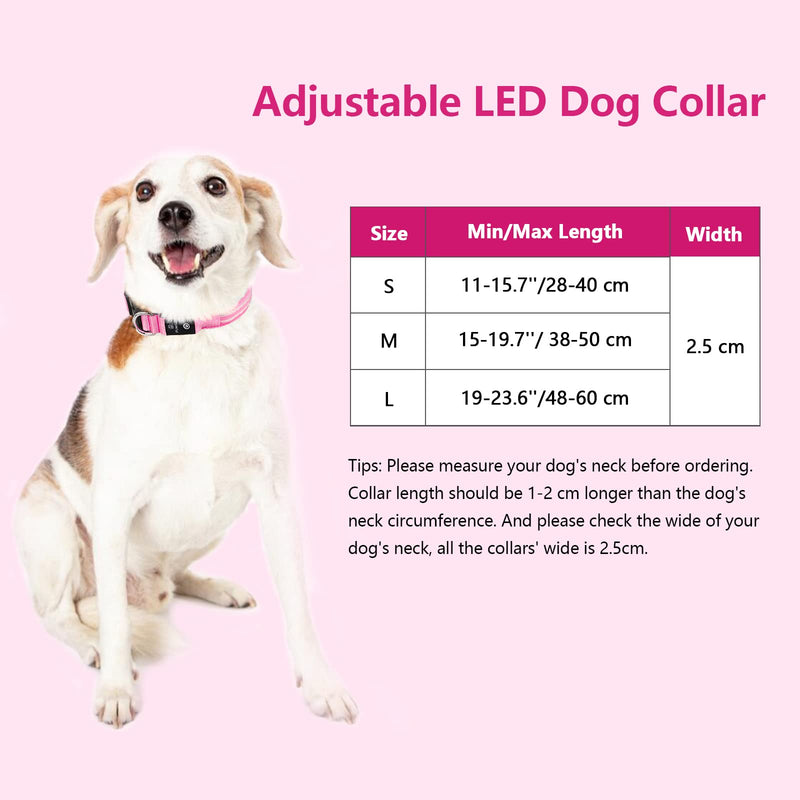 PcEoTllar Dog Collar Luminous Rechargeable, Luminous Collar Dog Waterproof Adjustable Flashing Light LED Collar Dog for Small Medium Large Dogs, Visibility in the Dark, Pink-L L(48-60cm/19-23.6inch) - PawsPlanet Australia