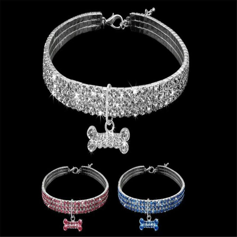 Dogs Kingdom Amazing 3 Rows Rhinestones Necklace Pet Cat Dog Collar Bling Rhinestone Bone Jewelry Party Wedding Accessories S:8-10" neck Dark Blue - PawsPlanet Australia