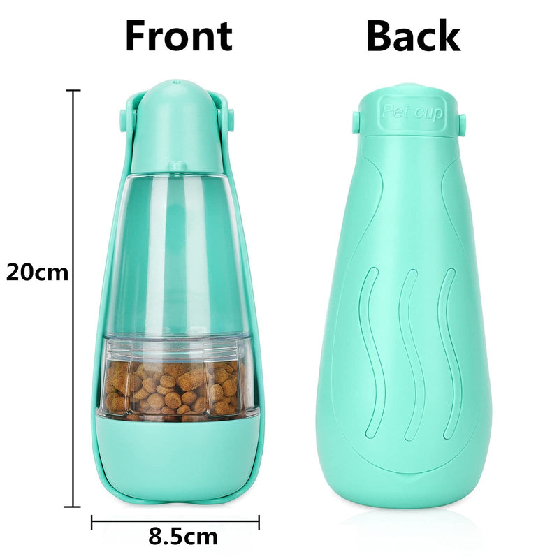 SLSON Portable Dog Water Bottle, Leakproof Dog Travel Water Bottle 260ml with Food Container for Small Medium Dog, Multifunctional Foldable Pet Feeder with Poo Shovel for Puppy Cat Walking, Green - PawsPlanet Australia