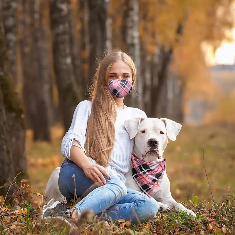 Bandana & Face Mask & Scrunchie Set for Pet and Owner - Classic Plaid Fashionable Breathable Soft Set for Small Medium Large Dogs and Owners Pink - PawsPlanet Australia