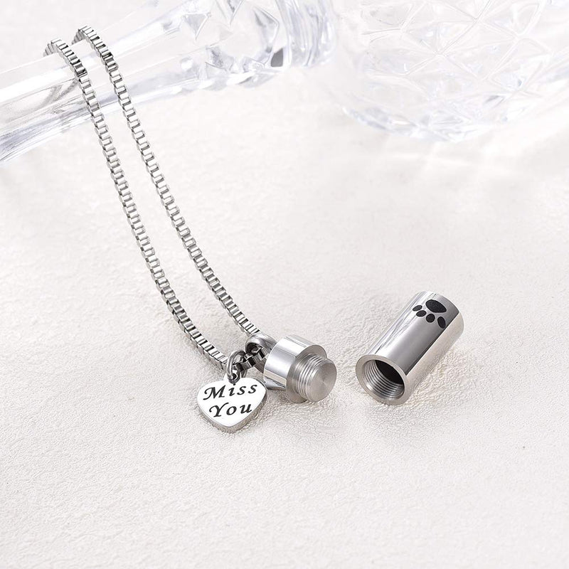 [Australia] - XSMZB Cremation Jewelry for Ashes Pendant Stainless Steel Pet Paw Print Cylinder Keepsake Ash for Dog Cat Memorial Urn Necklaces for Ashes Silver 