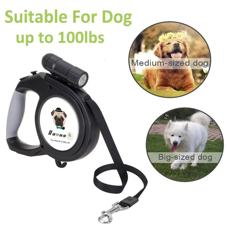 [Australia] - Nasus Retractable Dog Leash, 26ft Pet Walking Leash with 9 LED Detachable Flashlight for Medium Large Dog up to 100lbs, with Hand Grip One Button Brake & Lock and Hook A-Black 