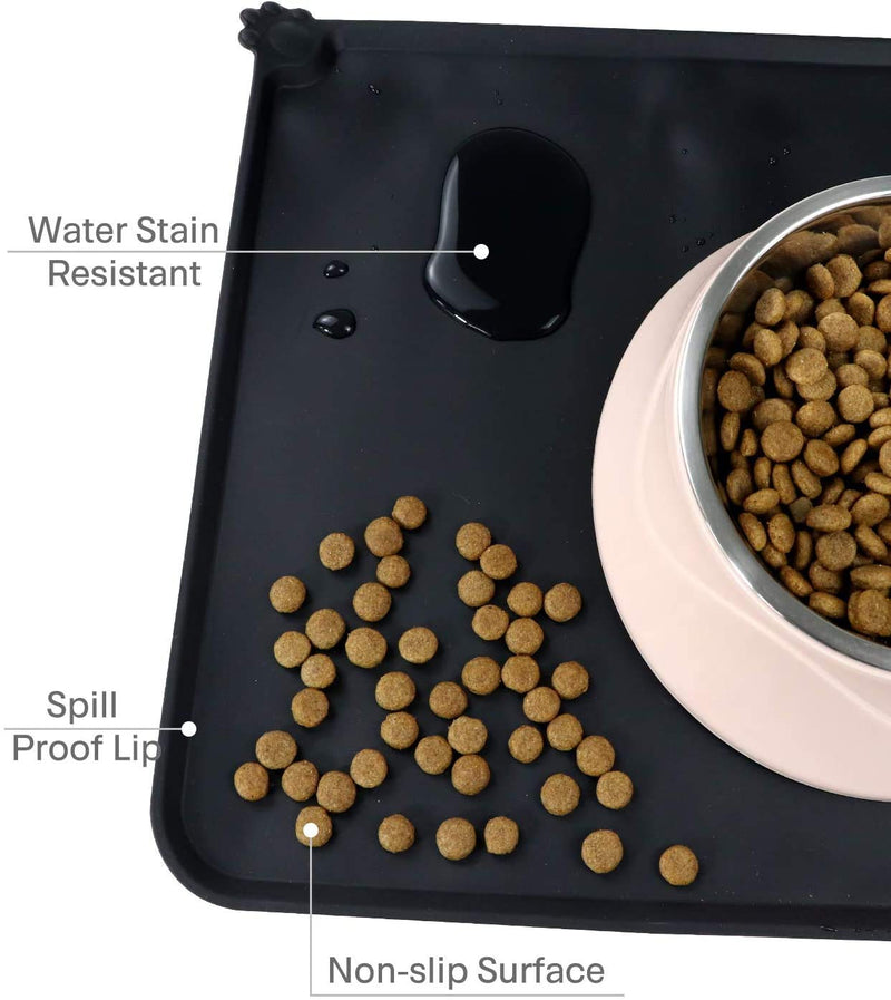 Amrta Silicone Pet Feeding Food Mat Cat Dog Bowl With Free 2 Pcs Plastic Pet Food Spoon, Non-Stick Pet Mats Durable Soft Water Cushion Waterproof For Dogs Cats (Large:18.5"*11.5" (47cm*29cm)-Black) Black - PawsPlanet Australia