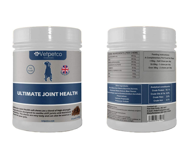 Vetpetco Ultimate Joint Health Chews for Dogs - A vetgrade dog hip and joint supplement, made with carefully selected ingredients specially designed to soothe stiff joints and promote mobility - PawsPlanet Australia