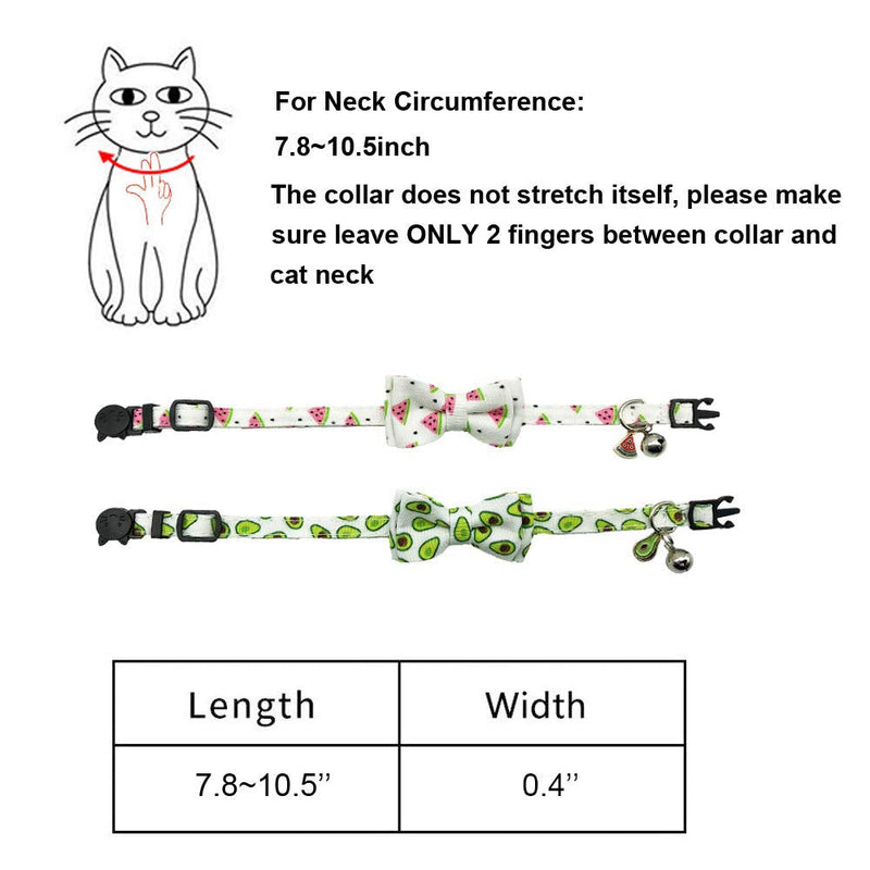 ADOGGYGO Cat Collar Breakaway with Cute Bow Tie Bell - 2 Pack Kitten Collar with Removable Bowtie Different Pattern Cat Bowtie Collar for Cat Kitten Kitty Avocado & Watermelon - PawsPlanet Australia