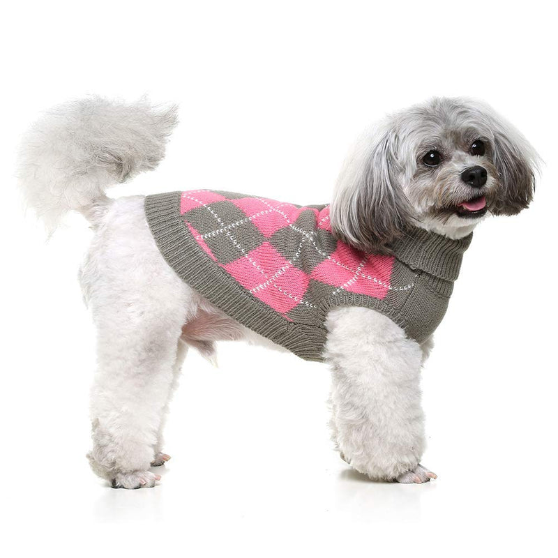 [Australia] - PAWCHIE Classic Dog Sweater Knit Turtleneck, Plaid Knitwear Sweaters, Warm Clothes for Small to Large Dogs XS Grey & Pink 