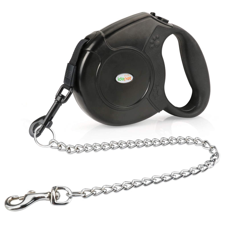 Idepet Retractable Heavy Duty Dog Lead for Small and Medium Dogs, Chain-Serrated Steel Chain Design, 360° Tangle-Free, Break & Lock System, 16 Foot Lead Black - PawsPlanet Australia