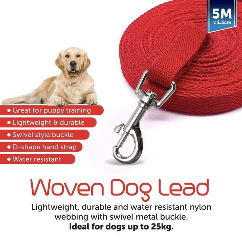 ADEPTNA Woven Long Dog Training Lead Strong Leash Collar Harness Large Recall Line Walking Rope with Swivel Metal Buckle (5M x 1.5CM) 5M x 1.5CM - PawsPlanet Australia