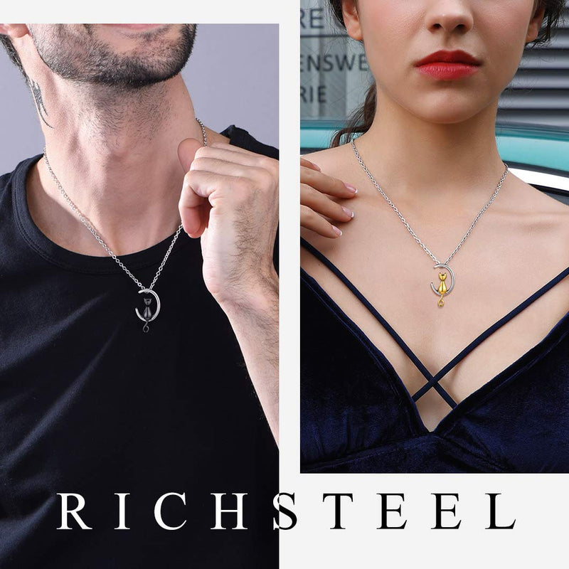 Richsteel Moon Cat/Cross/Angel Wing/Forever in My Heart/Bar/Hourglass Urn Necklace for Women Men Stainless Steel/18K Gold Plated Cremation Jewelry for Human Ashes Waterproof (with Gift Box) 01-Black cat no personalized - PawsPlanet Australia