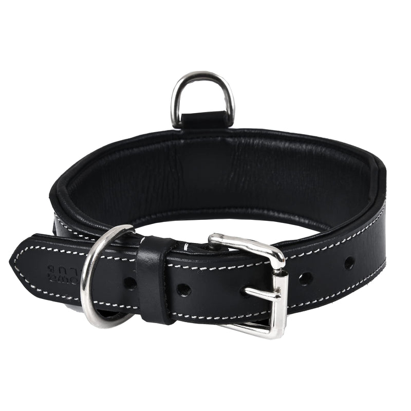 DowgClub | Genuine Leather Heavy Duty Tactical Dog Collar with Handle | Saddle Grade, Full Grain, Heavy Duty | Comfortable, Padded, Strong | Best for Medium, Large & X-Large Breeds M (Fit Neck Size 14.5"-18.5") Black - PawsPlanet Australia