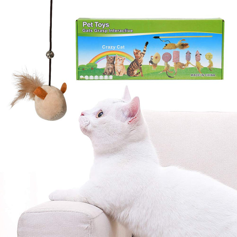 Set of 7Pcs Cats Interactive Toys, Domestic Cat Gift Toys Animal Cat Gift Box, Perfect Assorted Feather Mickey Mouse Toy for Kitten, Feather Teaser Cat, 1 Wooden Pole Included - PawsPlanet Australia