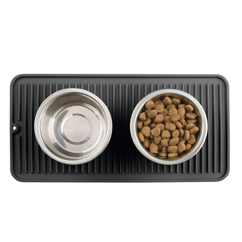 mDesign Premium Quality Pet Food and Water Bowl Feeding Mat for Dogs and Puppies - Waterproof Non-Slip Durable Silicone Placemat - Raised Edges, Food Safe, Non-Toxic - Small - Black 8 x 16 x .25 - PawsPlanet Australia