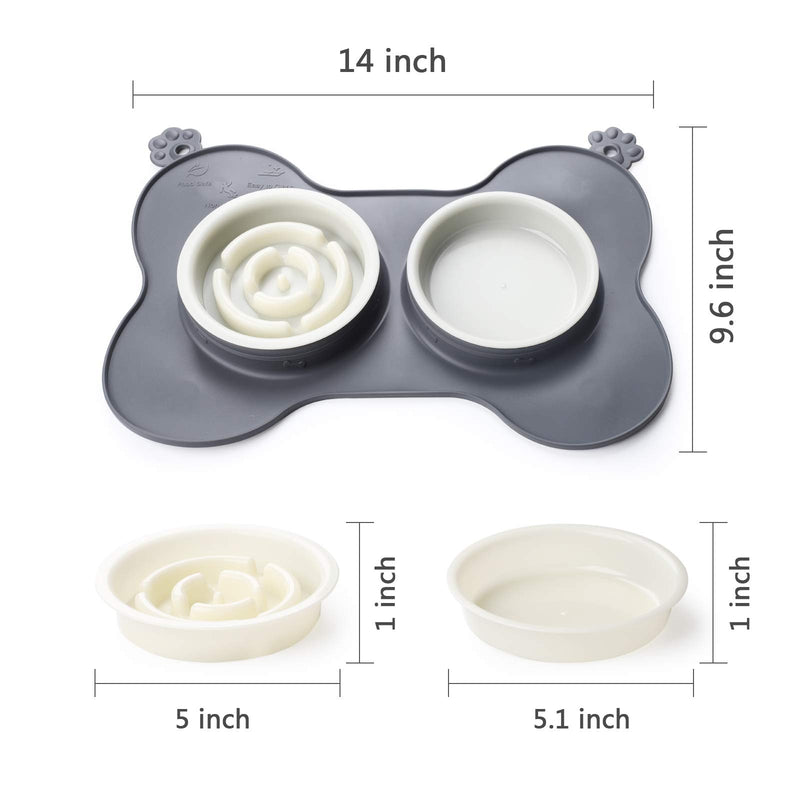 HOISTAC Small pet Dog Double Bowls with mat ,Slow Feeder Puppy Dog Bowl,Water and Food Feeder Bowls for Small Sized Dog,cat,Puppy, 2 Dog Bowls No Spill Non-Skid Silicone Mat ,Gray. - PawsPlanet Australia