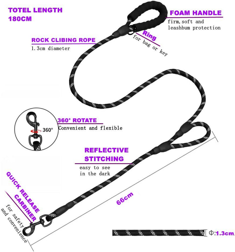 6FT Dog Lead, Reflective Dog Lead with Comfortable Foam Handle for All Size Dogs (Black) Black 1.8m 6ft - PawsPlanet Australia