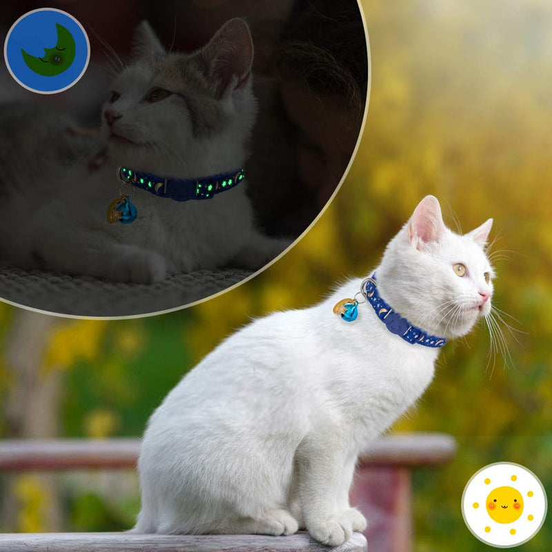 Cat Collar Breakaway with Bells - 6 Pack Glow in The Dark - Stars & Moon Charm Pendent Pet Reflective Collars Ideal for Kitten Cats Puppy - PawsPlanet Australia