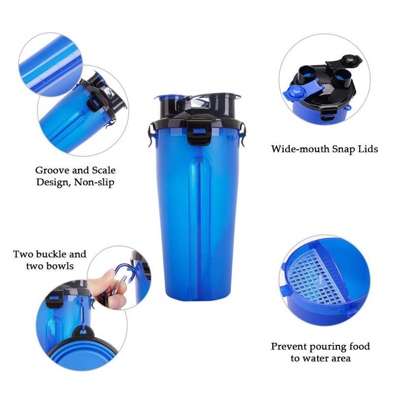 Powerking Dog Water Bottle,350ml 2-in-1PP Pet Cat and Dog Bottle With 250g Pet Food Container for Walking/Hiking/Traveling, Two12 Ounce Collapsible Dog Bowls and Outdoor Hook(Blue) Blue - PawsPlanet Australia