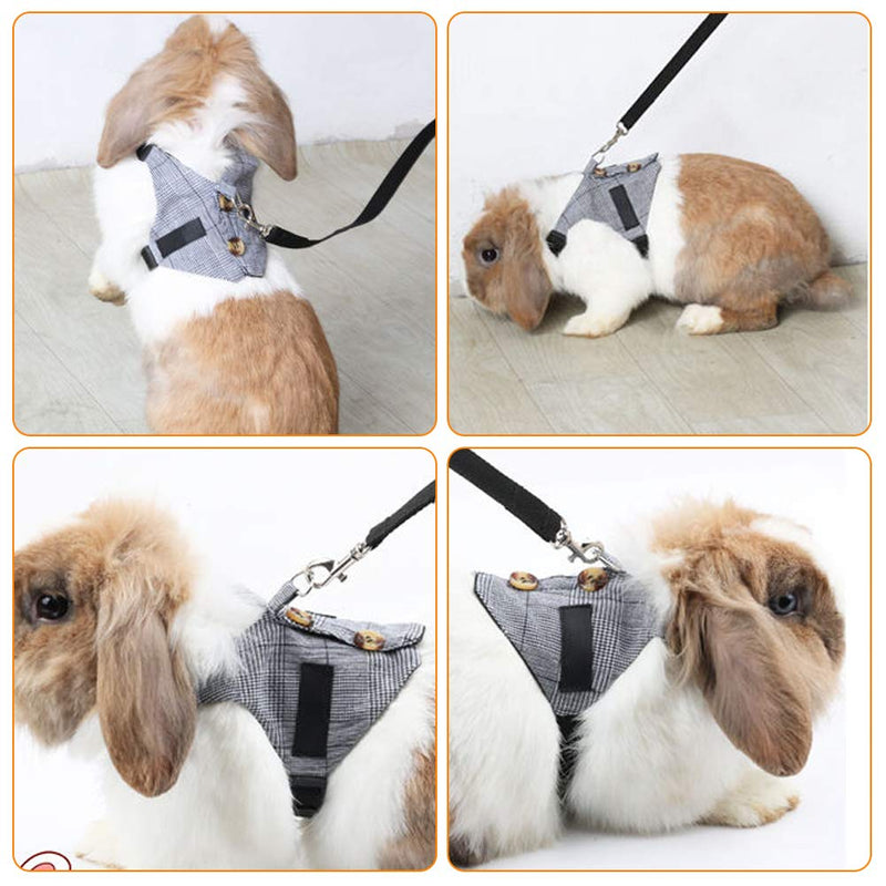 Pssopp Rabbit Harness Leash Cute Bunny Vest Harness and Leash Set With Button Decor Pets Adjustable Formal Suit Style Plaid Stripe Harness Grey(L) L - PawsPlanet Australia