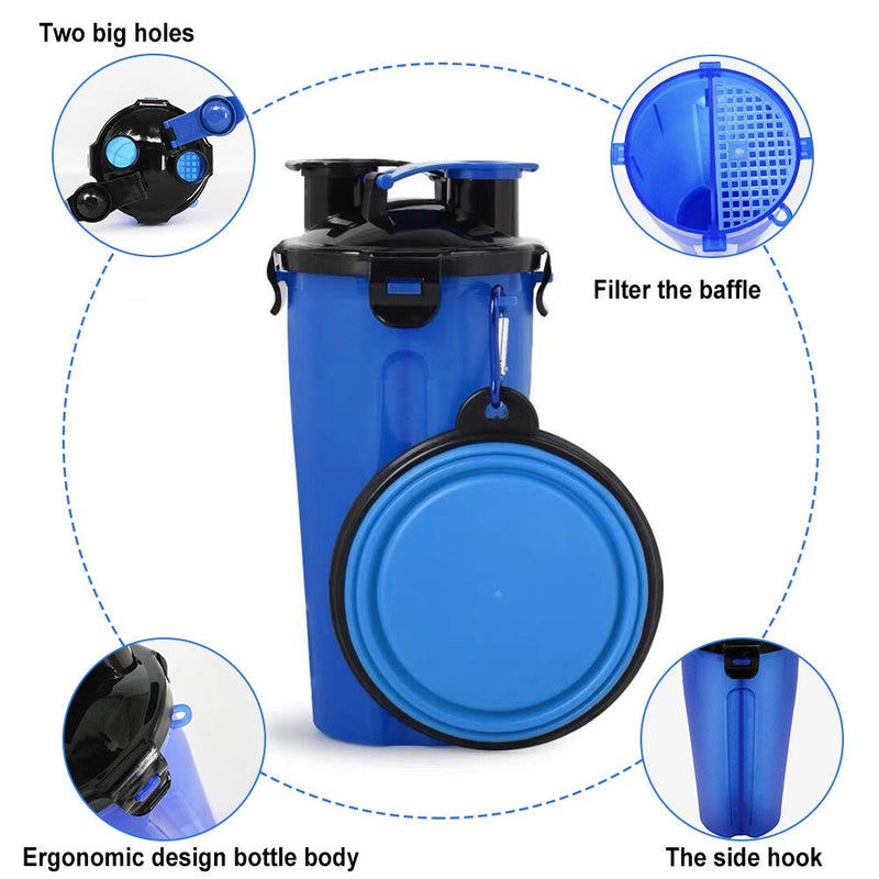 YUIP Dog Water Bottle and Bowls, Pet Water Bottle and Food Container, Dog Travel Bottle Water Bowl Transport Container 2-in-1 Food Bowl(Blue) - PawsPlanet Australia