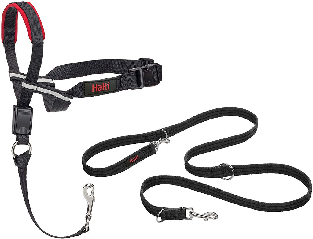 Halti Optifit halter and training leash combination pack, Stop Dog Pulling on Walks with Halti, including medium Optifit halter and double-ended leash, black, medium halter (14324W) medium head collar - PawsPlanet Australia