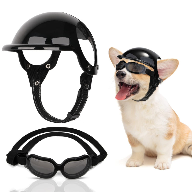 SlowTon Dog Helmet and Goggles for Small Dogs - UV Protection Doggy Sunglasses Dog Glasses Pet Motorcycle Helmet Hat with Ear Holes Adjustable Belt Safety Hat for Puppy Riding (Black, Small) - PawsPlanet Australia