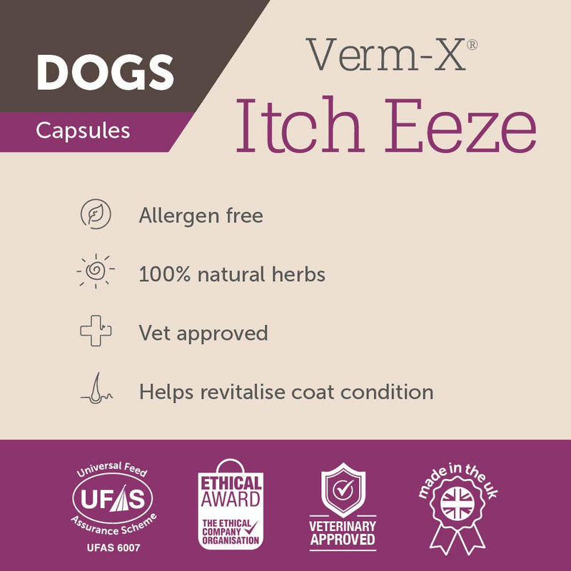 Verm-X Itch-Eeze for Dogs. All Natural Daily Supplement to Reduce Itching and Restore Coat Quality. Allergen free. Supports Immune System Clear 50gm - PawsPlanet Australia