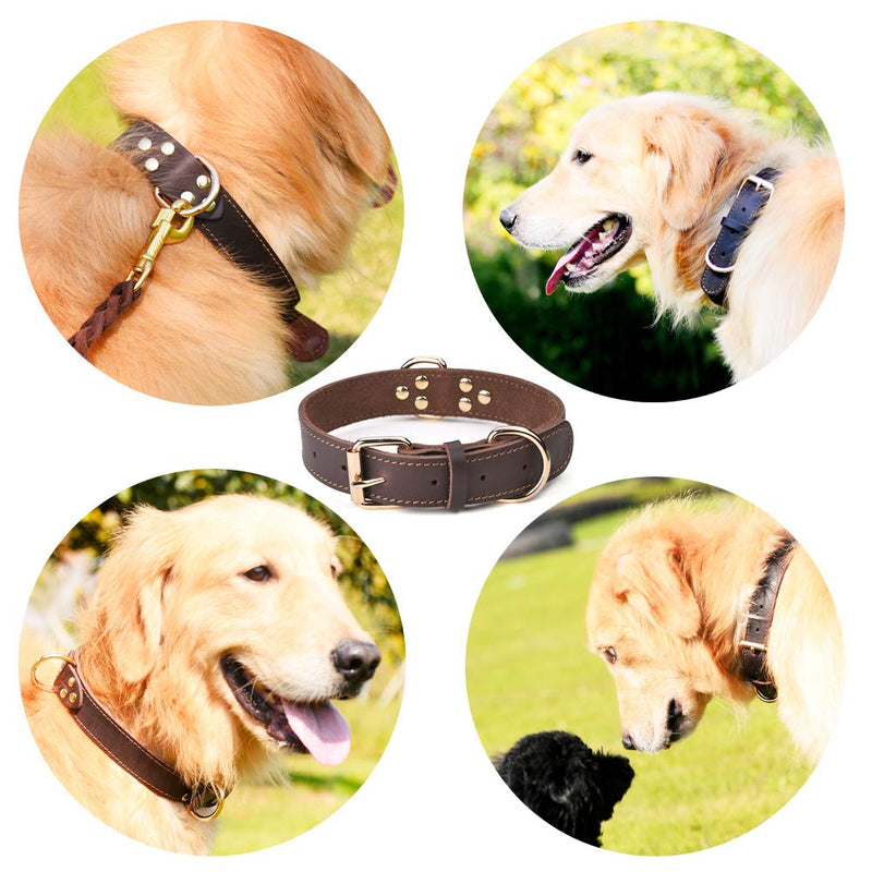 [Australia] - DAIHAQIKO Leather Dog Collar Genuine Leather Alloy Hardware Double D-Ring 3 Best for Medium Large and Extra Large Dogs L: 1.2" Wide for 17"-23" Neck Dual Stitch - Brown 
