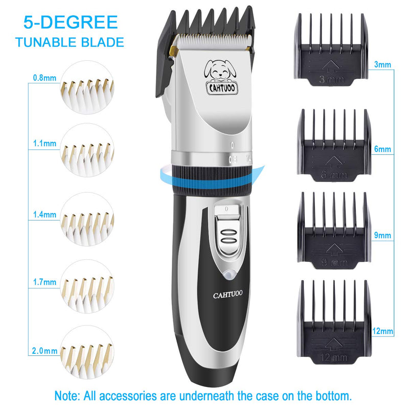 CAHTUOO Dog Clippers,Professional Dog Grooming Clippers Kit Rechargeable Quiet Pet Shaver Cordless Dog Cat Hair Trimmer with Scissor,Guards,Combs for Dogs Cats Other Animals- Silver (Upgrade Version) 12 Piece Set - PawsPlanet Australia