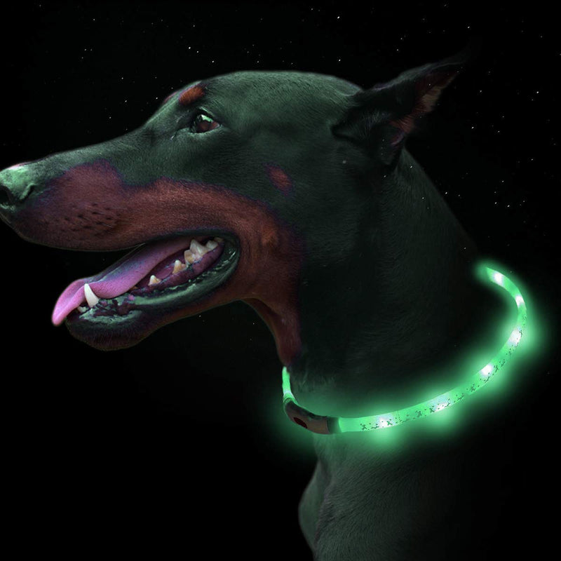 Heatigo LED light dog collar, USB charging night safety super bright dog collar, adjustable pet collar (70 cm), with cute dog pattern-3 light modes (Green) Green - PawsPlanet Australia