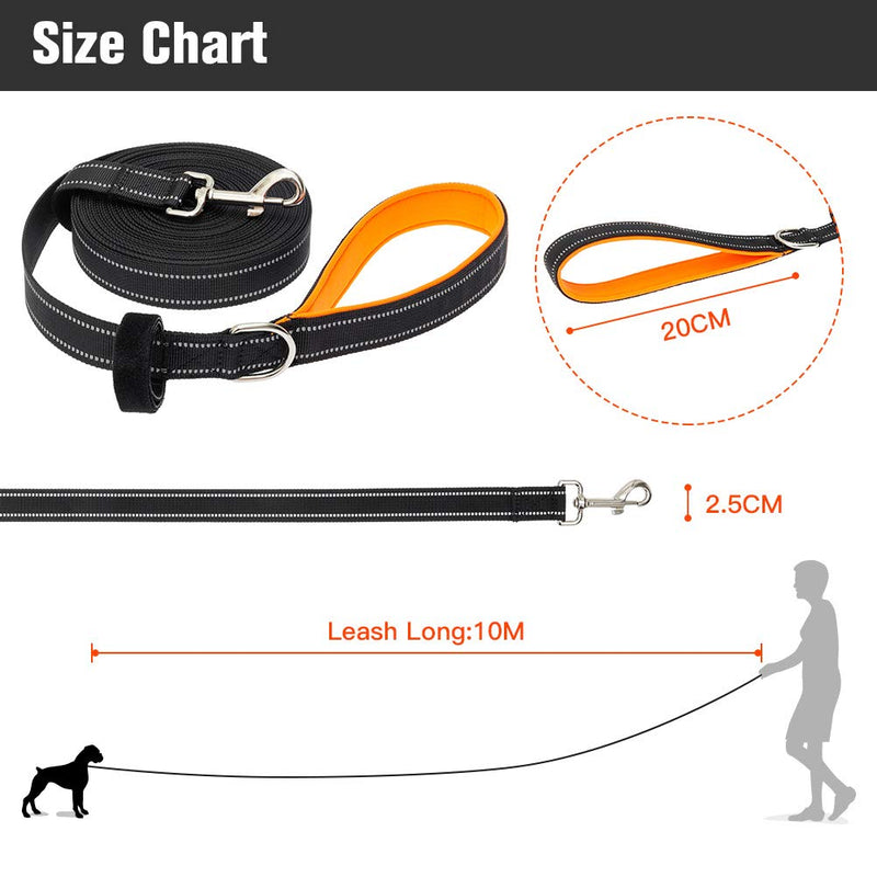 Dog Training Lead Leash - Heavy Duty Long Line Strong Nylon Reflective Strap with Pdded Handle for Medium/Large/Extra Large Dogs Training Running Camping 10 Meters Black - PawsPlanet Australia