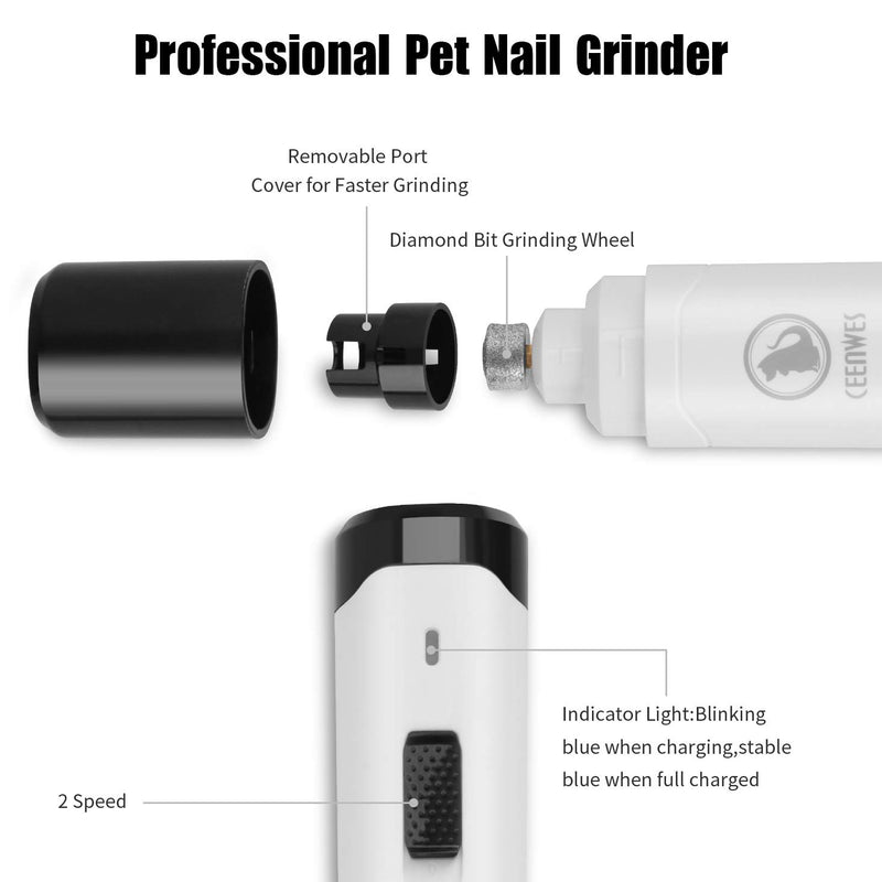 Ceenwes Dog Nail Grinder 2-Speed Rechargeable Pet Nail Trimmer with Dog Nail Clippers and Trimmer for Small Medium Large Dogs and Cats - PawsPlanet Australia