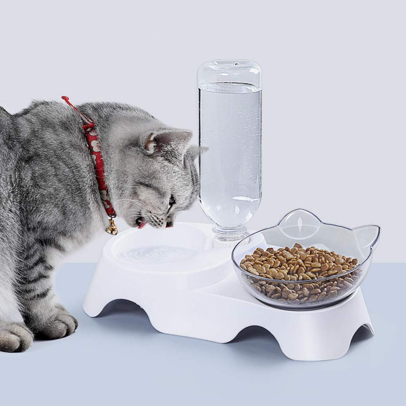 MILIFUN Double Dog Cat Bowls - Pets Water and Food Bowl Set, 15°Tilted Water and Food Bowl Set with Automatic Waterer Bottle for Small or Medium Size Dogs Cats White - PawsPlanet Australia