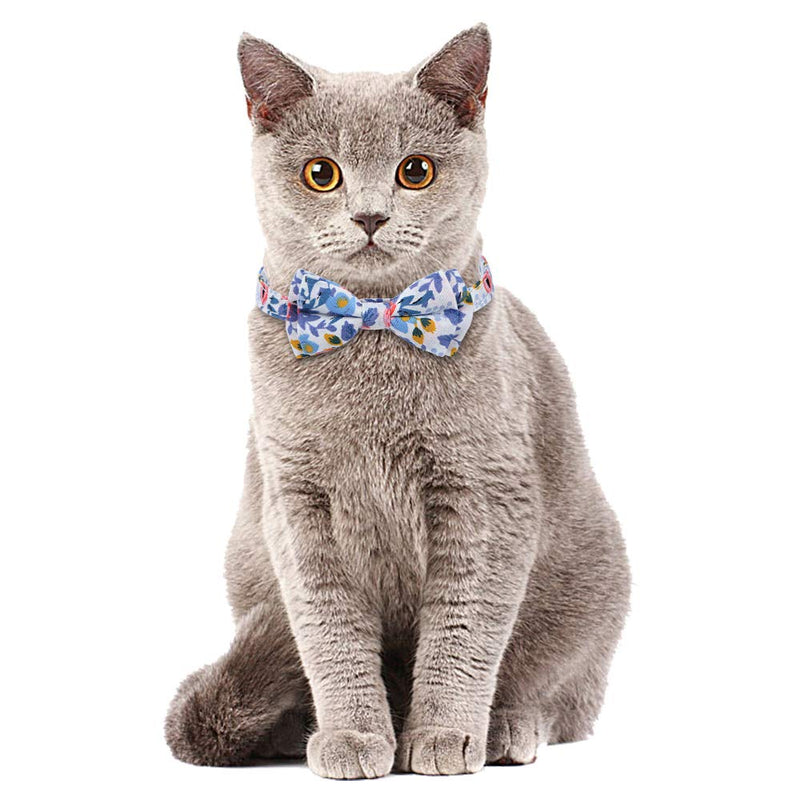 chede 2/1 Pack Cat Collar Breakaway with Bell Bowtie，Classic Design,Adjustable Safety Kitty Kitten Collars(7.5"-10.8") Blue flower Collar+Bandana - PawsPlanet Australia