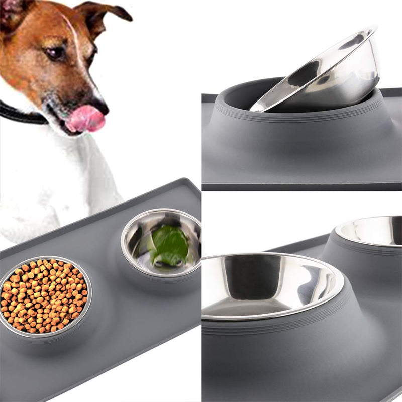 [Australia] - Guardians Dog Food Mat Stainless Steel Dog Bowls, 2 Medium Bowls (13.5oz Each), No Spill Non-Skid Silicone Mat Pet Feeder Bowl Small Animals Grey Square 