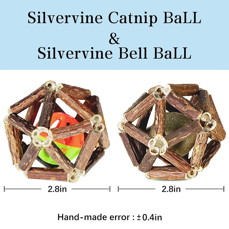 SAINOOM Catnip Toy for Indoor CatToy Balls-2pcs Cat chew Toy Teeth Cleaning Health Natural Silver Vine Sticks Catnip Bell Ball Cat Toy - PawsPlanet Australia