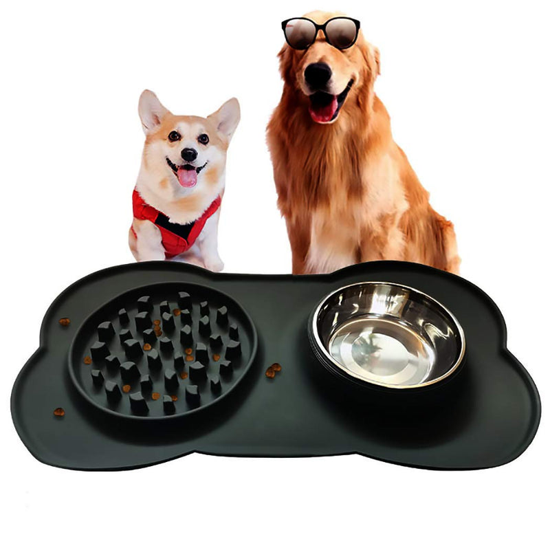 [Australia] - ALBOLET Double Dog Feeding Station, Dog Slow Feeder mat with Stainless Steel Bowl, No Spill Non-Skid Silicone Mat Pet Feeder Bowl for Dogs,Black 