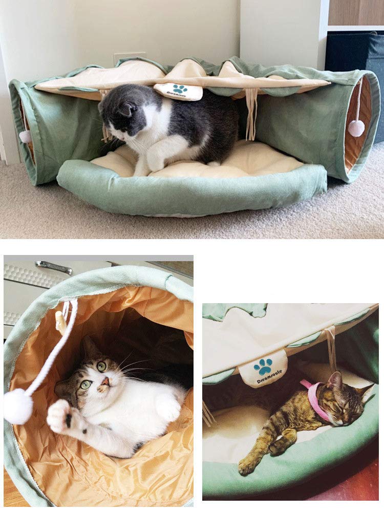 DREAMSOULE 2-in-1 Cat Bed Play Tunnel and Mat for Pets Cats Dogs Rabbits and Pets Kittens for Home Foldable Soft Cat Tunnel Tubes Toys Pet Play Bed Indoor green - PawsPlanet Australia