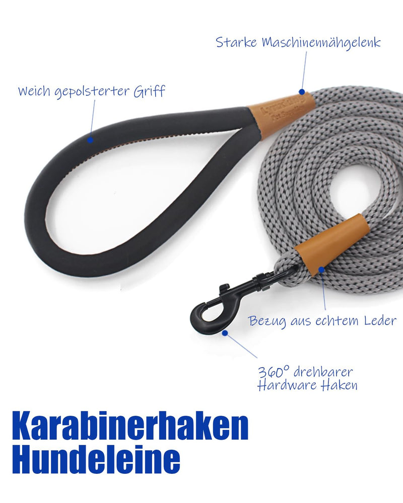 lynxking tow leash for dogs, dog leash, retriever leash, leash for small medium large dogs (grey, carabiner hook-0.9cm x 180cm) grey - PawsPlanet Australia