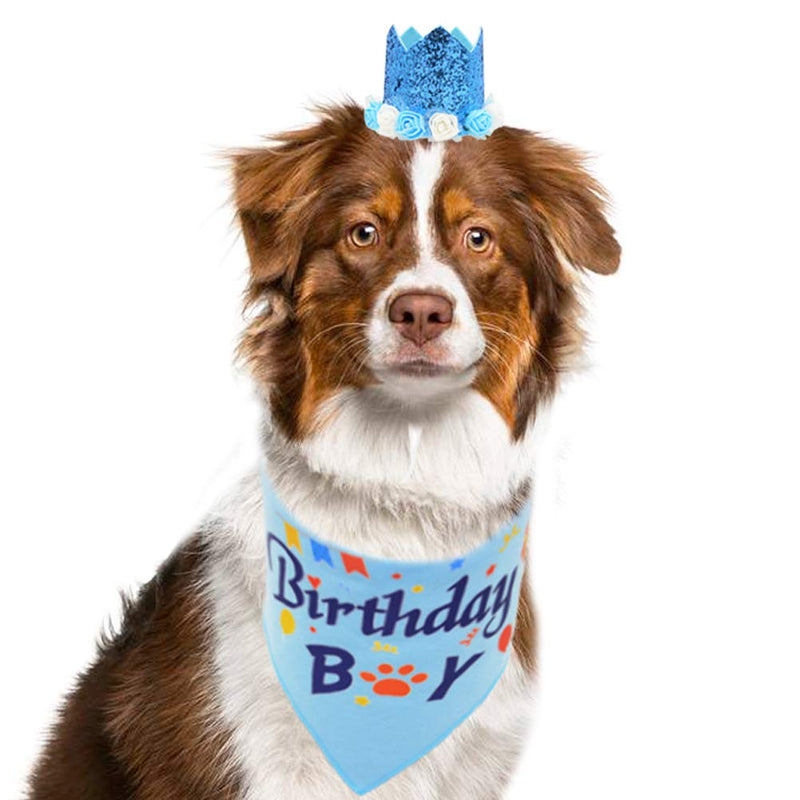 [Australia] - Dog Birthday Bandana Boy Scarf and Crown Dog Birthday Hat, Flower Headwear for Medium to Large Dogs Blue 