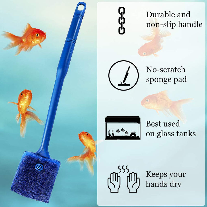 Aquarium Sponge Scraper, 16” Long, Double-Sided Blue Sponge, Freshwater & Saltwater Fish Tank Maintenance, Plastic Handle for Glass Surfaces Only - PawsPlanet Australia