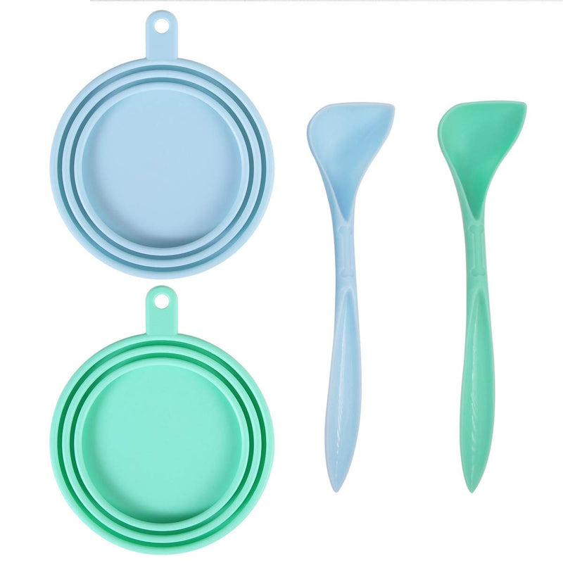 [Australia] - SLSON 2 Pack Pet Food Can Cover Universal Silicone Cat Dog Food Can Lids 1 Fit 3 Standard Size Can Tops with 2 Spoons,Light Blue and Green 