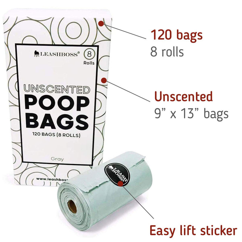 [Australia] - Leashboss OXO-Biodegradable Dog Poop Bags - 120 Bags, 8 Rolls Unscented Leak Proof Waste Bag Rolls Gray 