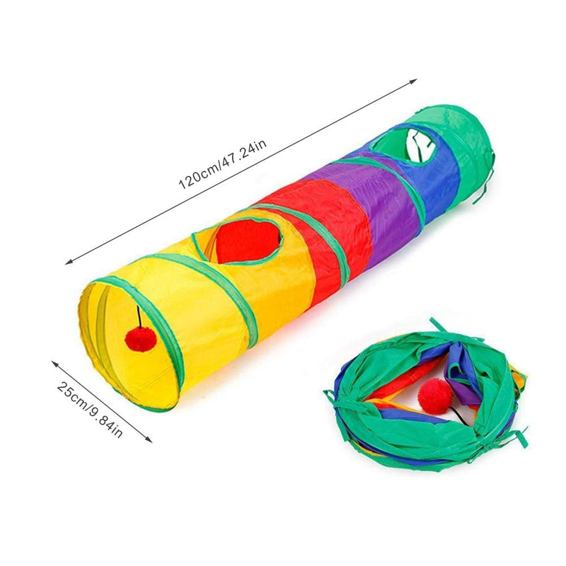 Hwtcjx Pet Tube Tunnel, 1 Pc Cat Tunnel, Cat Tunnel Toys, Cat Tunnel with Play Ball, Rabbit Tunnels, Made of Polyester, with 2 Peek Hole, Collapsible for Kittens, Rabbits (Rainbow Color, D25 x 120cm) - PawsPlanet Australia