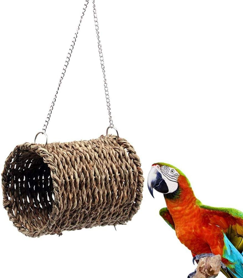 NUOHAN Woven Straw Bird Tunnel - Seagrass Bird Tent Snuggle Toy Natural Hanging Hammock Swing Nest for Parrot Cockatiel Parakeet African Grey Cockatoo Macaw Amazon Lovebird Finch Hamster 4.72"x3.94"x10.2" - PawsPlanet Australia