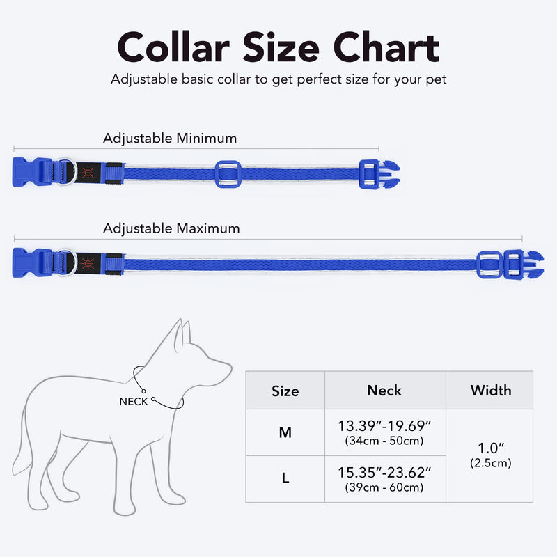 Bpawser Light Up Dog Collars LED Dog Collar Rechargeable Adjustable Size MESH Webbing Glow Collar for Large Medium Dogs Medium[13.39-19.69 inch/34-50 cm] Blue - PawsPlanet Australia