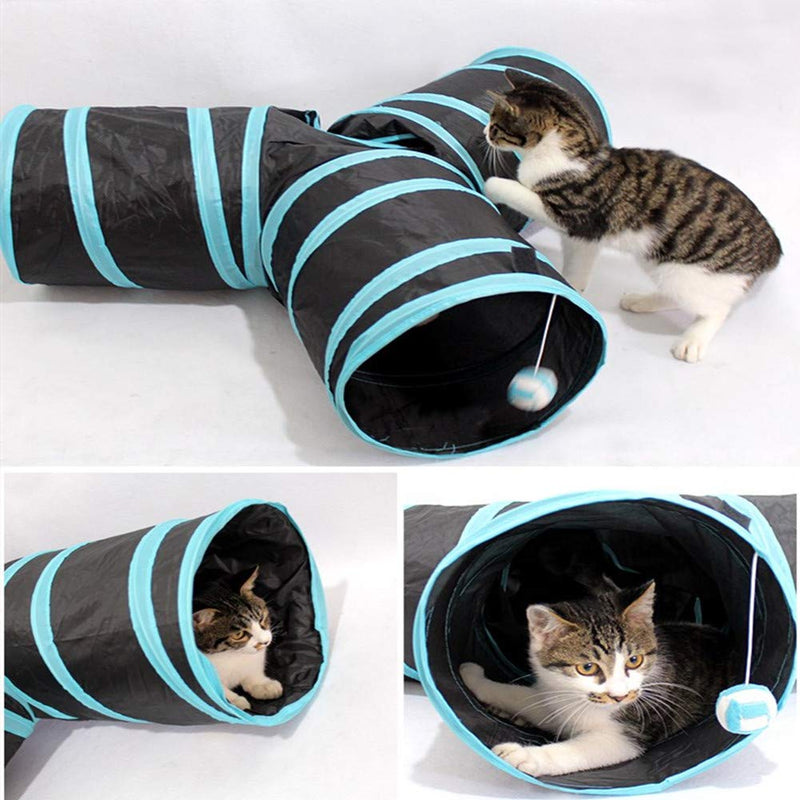 Blnboimrun Pet Cat Tunnel for Indoor，Collapsible 3 Way Tube Toys，Peek Hole Toy Ball，Also Included is an Interactive Catnip Fish，Fun for Rabbits,Kittens and Puppy Blue + black - PawsPlanet Australia