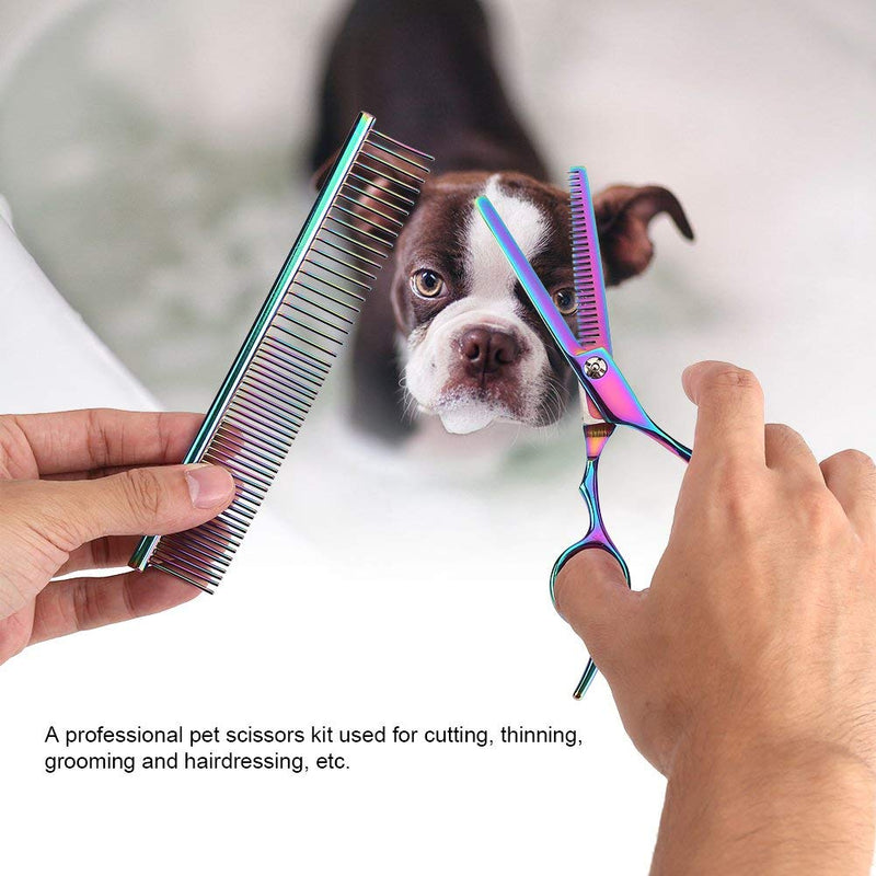 Pet Grooming Scissors Set, 5 Pcs Professional Pet Trimmer Kit Colorful Stainless Steel Dog Cat Hair Thinning Cutting Scissors with Curved Scissors Grooming Comb - PawsPlanet Australia