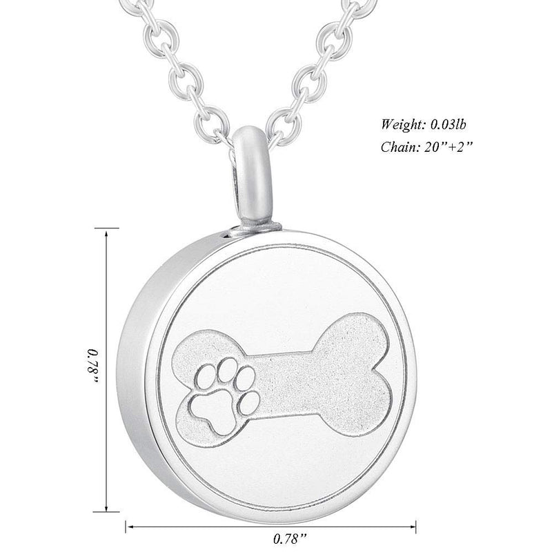 [Australia] - Pet Ashes Necklace 20mm Round Shape Stainless Steel Memorial Urn Jewelry Etching Paw Print & Dog Bone Cremation Pendant Silver 