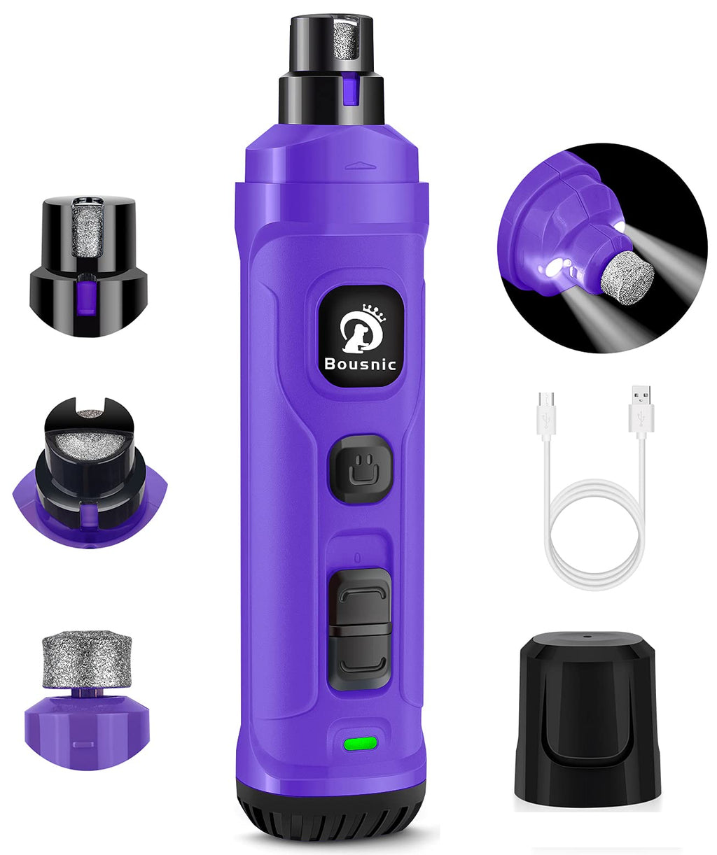 Bousnic Dog Claw Grinder with 2 LED Lights - Quiet, Powerful Electric Toenail Trimmer File with 2 Speeds for Small Medium Dogs and Cats Purple - PawsPlanet Australia