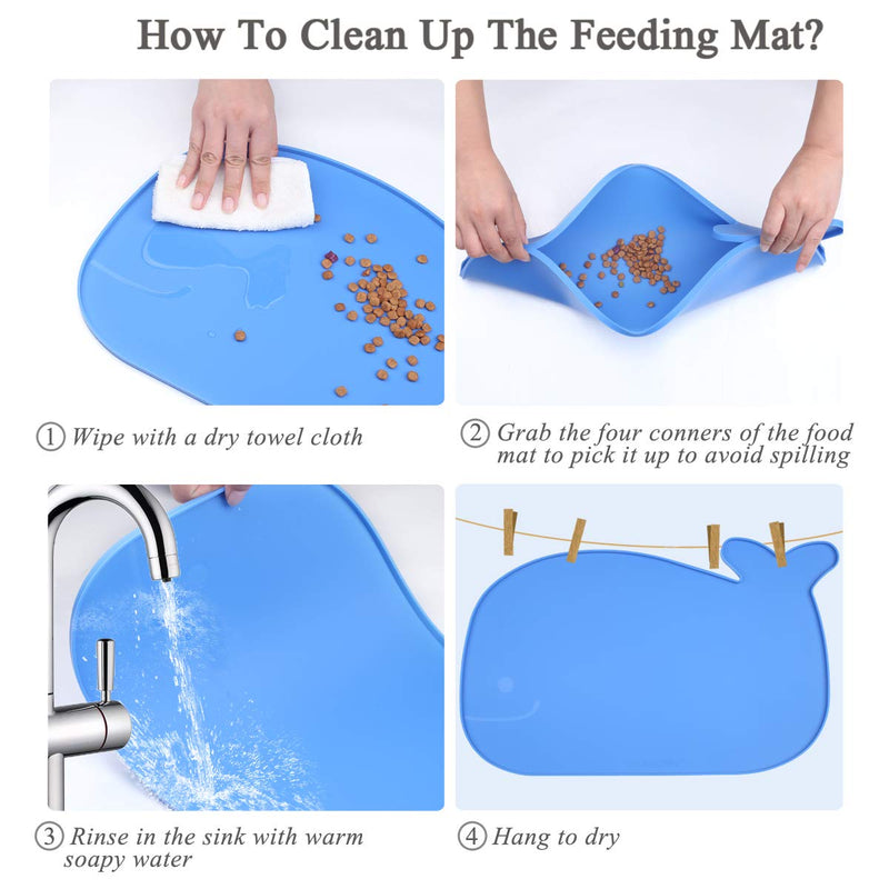 Vivaglory Pet Food Mat with Raised Edge, Large (23.6" x 15.7") or Small (18.9" x 11.8") Waterproof Food Grade Silicone Cute Feeding mat for Kitty Puppy Cat Dog S(18.9"x11.8") Blue (Whale-shape) - PawsPlanet Australia